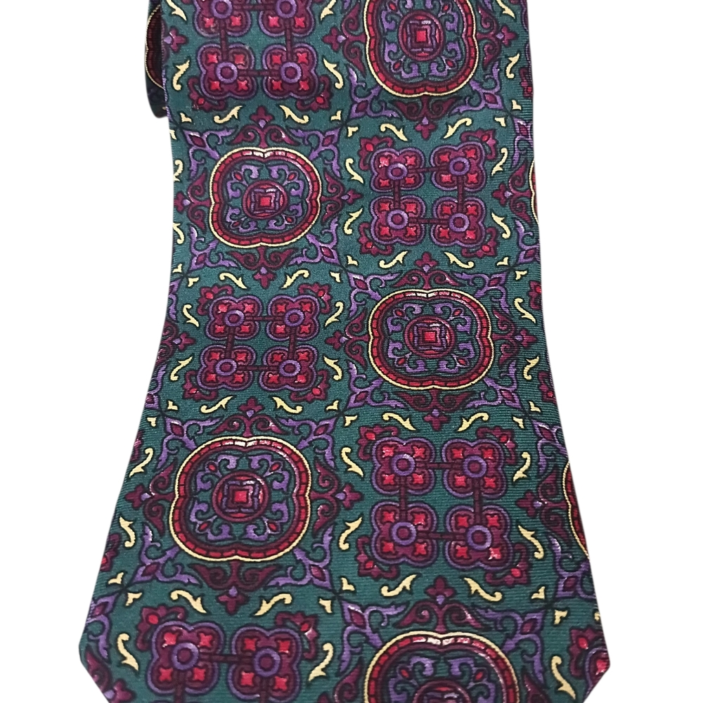Dior Green Paisley Medallion Silk Tie with Purple and Red Accents